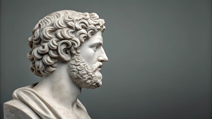 Marble bust of an ancient Greek philosopher in profile, set against a muted gray gradient background. A timeless classical sculpture with intricate details. Copy space allows for text placement or des