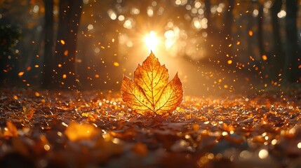 Glowing autumn leaf illuminated by sunlight amidst falling leaves in a serene forest setting