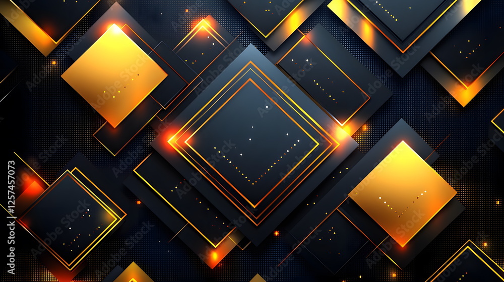 Poster modern abstract golden square geometric shapes layered on a dark textured background with glowing ed