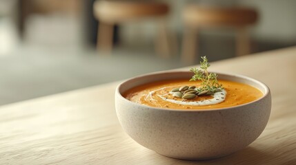 Creamy Pumpkin Soup in a Bowl on Wooden Table