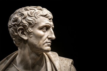 Close-up of an ancient Roman marble bust with short curly hair, set against a black background. The finely sculpted statue captures a realistic expression. Copy space available for text or design use.