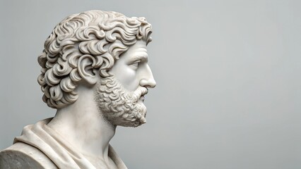Side profile of an ancient Greek marble bust with curly hair and a beard, set against a neutral background. A timeless classical sculpture with copy space for text or design elements.