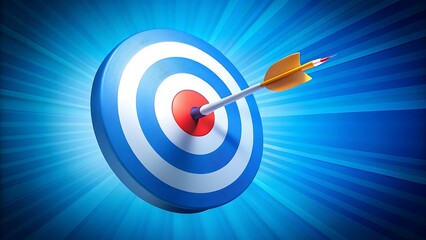 3D illustration of an arrow hitting the blue bullseye target symbolizing precision, success, and goal achievement