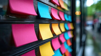 Colorful sticky notes on a wooden board in an urban setting, showcasing creativity and organization