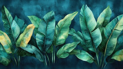 Lush tropical leaves in vibrant teal background, creating a serene and refreshing atmosphere