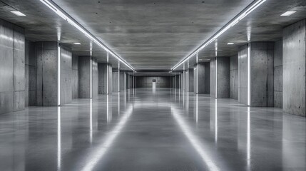 Naklejka premium Concrete corridor, glowing lights, reflective floor, modern architecture, background for tech or design