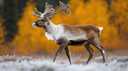 Majestic reindeer walking through a vibrant autumn landscape with colorful foliage in the background
