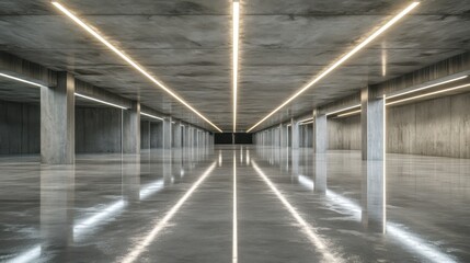 Modern concrete parking garage interior, bright lights, reflective floor, architectural design
