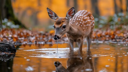 A fawn drinking from a serene pond surrounded by autumn foliage in a tranquil forest