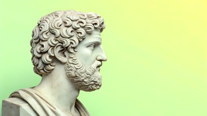 Ancient philosopher's marble bust in profile against a soft green gradient background. Aesthetic and historical composition with space for text.
