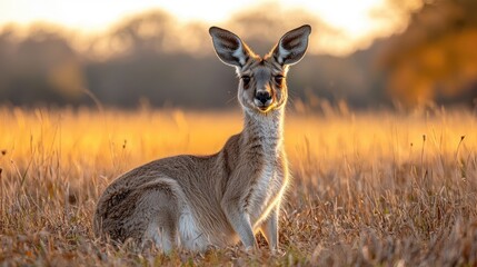 A kangaroo resting in a golden field during sunset, surrounded by soft grass and warm light