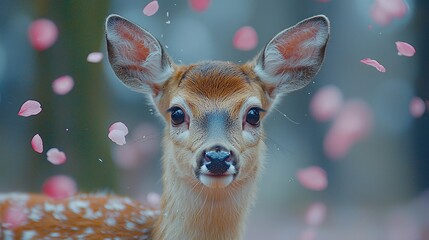 A serene young deer surrounded by falling pink flower petals in a tranquil forest setting