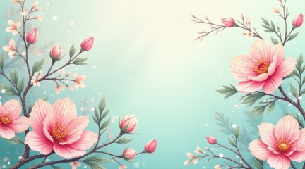 Obraz premium Delicate Pink Blossoms Frame a Serene Pastel Background, Ideal for Springtime Designs and Elegant Invitations