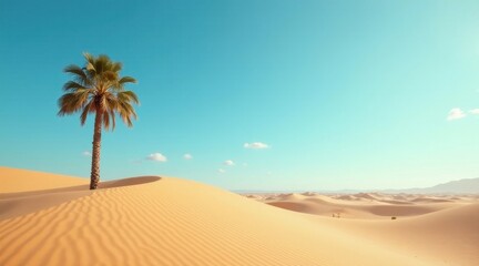 A solitary palm tree stands tall amidst a vast expanse of golden sand dunes under a vibrant, clear sky, a serene desert landscape bathed in warm sunlight.