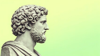 Ancient philosopher's marble bust in profile against a soft green gradient background. Aesthetic and historical composition with space for text.