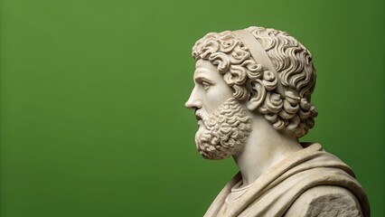 Side profile of a Greek marble bust with detailed curls, set against a clean green background. The classical sculpture exudes elegance and wisdom, Copy space