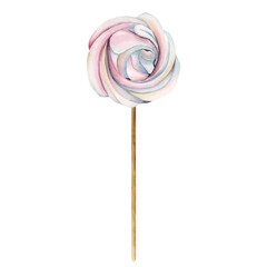 Cute marshmallow. Meringue on a stick. Watercolor hand painted isolated food illustration for confectionery, birthday