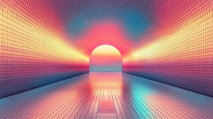Vibrant geometric tunnel with colorful reflections leading to a glowing horizon at sunset