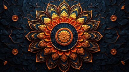 Intricate floral mandala design featuring vibrant orange and gold tones against a dark background