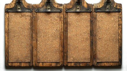 Four rustic wooden clipboards with blank cork surfaces mounted on a wall, suitable for notes