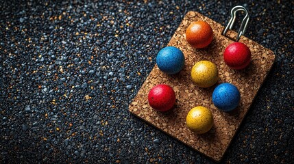 Colorful balls arranged on a corkboard against a textured dark background, creating a playful scene