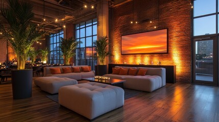 Warm evening lounge, city view, modern comfort.