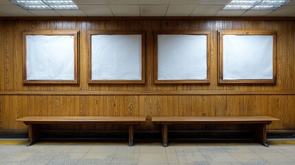 Empty hallway with wooden panels and benches, featuring blank frames awaiting artwork installation