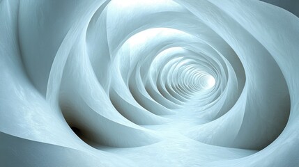 Abstract spiral tunnel with smooth white curves leading to a bright light in the distance