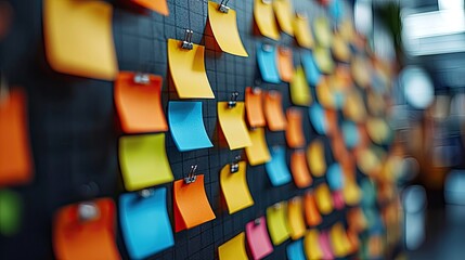 Colorful sticky notes arranged on a board in a modern office, showcasing brainstorming ideas