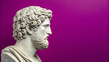 Fototapeta premium A finely sculpted classical marble bust of a bearded man with curly hair, set against a striking purple background. The minimalist composition provides ample copy space for text or design elements.