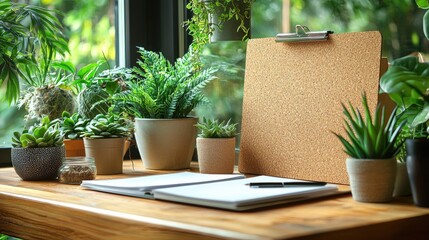 A serene workspace featuring lush greenery, a clipboard, and notebooks on a wooden table by a window