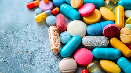Colorful pills and capsules on a textured surface; healthcare, medicine, pharmacy concept;  background is blurred