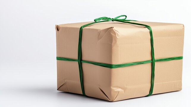 Eco-friendly package wrapped in brown paper and tied with green string. Sustainable gift wrapping idea.