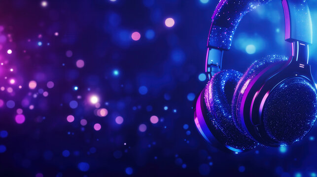 Futuristic Glowing Headphones with Neon Lights - Cyberpunk Digital Wave Background