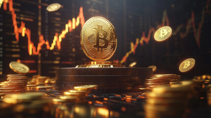 golden Bitcoin stands prominently on pedestal surrounded by scattered coins, symbolizing cryptocurrency wealth. background features dynamic trading graph, reflecting market trends and excitement