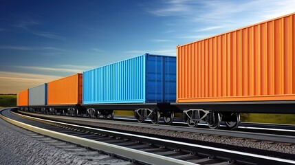 Obraz premium Brightly colored freight containers on a train moving along tracks under a clear sky. Global trade and transportation theme.