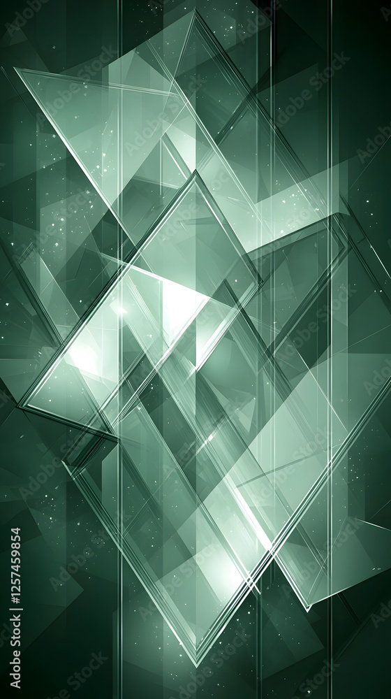 Poster geometric abstract design with translucent shapes and green background, creating a vibrant digital a