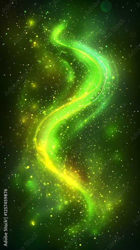 Poster glowing green abstract background with swirling light trails and scattered sparkles in a cosmic sett