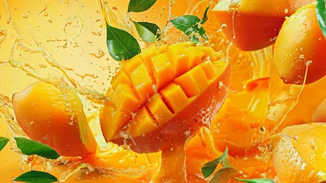 A ripe and juicy mango splashing into golden tropical juice, surrounded by fresh green leaves