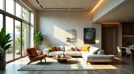 Fototapeta premium Sunlit Modern Living Room Interior Design with Large Windows and Sectional Sofa