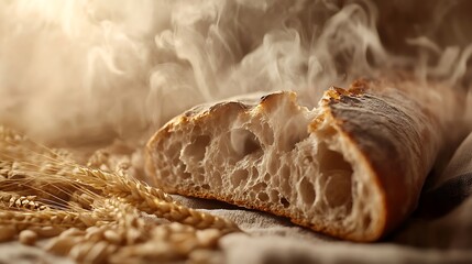 Fototapeta premium Freshly baked bread sits on a textured surface with steaming warm steam rising in a cozy kitchen atmosphere