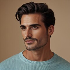 Obraz premium Handsome Man With Stylish Haircut Wearing Light Blue Sweater Against A Neutral Background