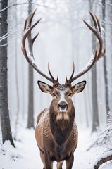 Fototapeta premium A majestic red deer stands regally in a serene winter forest, its antlers adorned with snow.