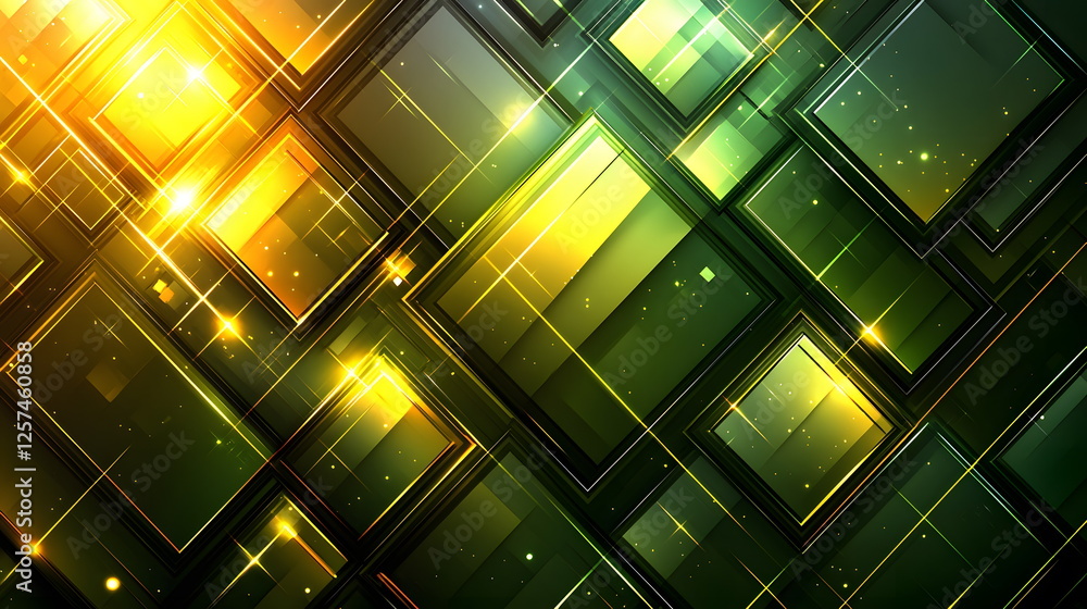 Poster shimmering green and gold abstract background with luminous glowing squares and sparkling effects