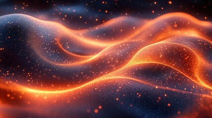 Obraz premium Glowing orange particles flow, dark abstract waves.