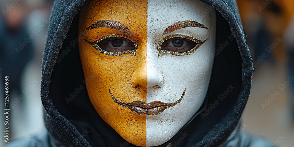 Wall mural half gold and half white mask with black hood in a mysterious setting. generated with ai