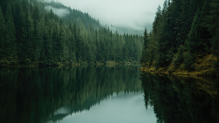 Fototapeta premium Clear blue river reflecting the surrounding lush forest in nature
