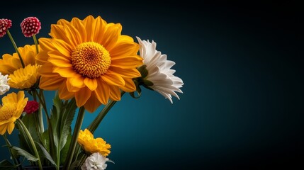 Bouquet of yellow and white flowers is displayed on a blue background. The flowers are arranged in a vase, and the blue background creates a calming and serene atmosphere