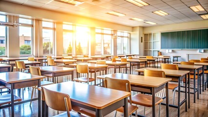 An empty classroom with rows of empty student wooden desks and chairs