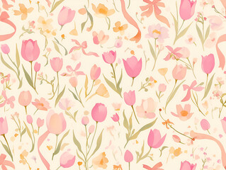 Seamless Watercolor Floral Pattern with Tulips and Wildflowers
